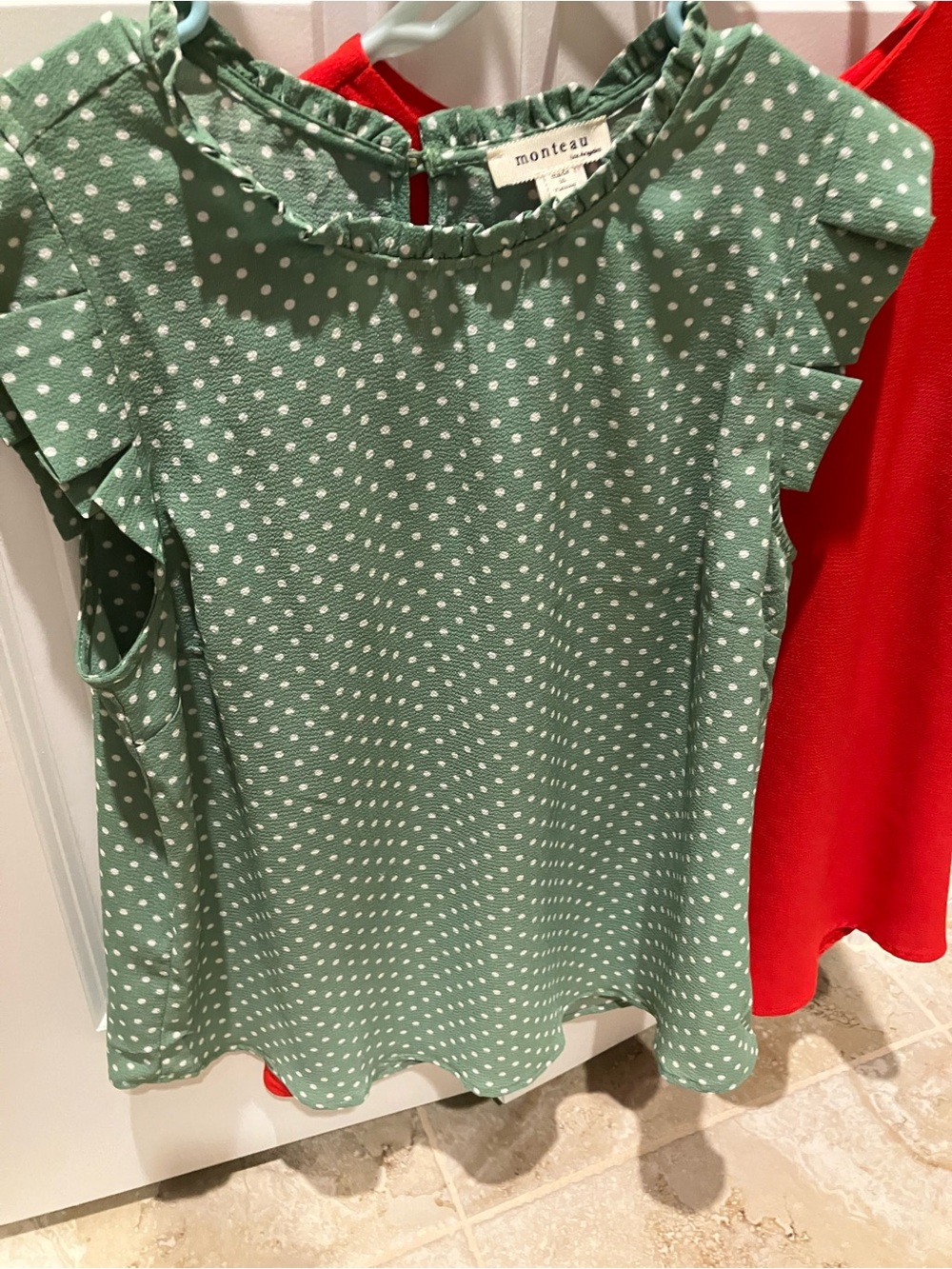 Monteau Seafoam Green Polka Dot Ruffle Sleeve Blouse